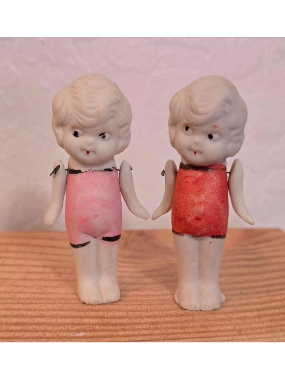 Vintage Bisque Jointed Kewpie Dolls In Pink & Red Bathing Suits - 3"